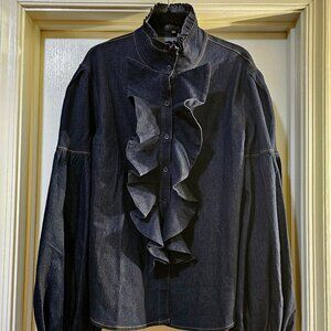 Dark Wash Denim Ruffle Blouse